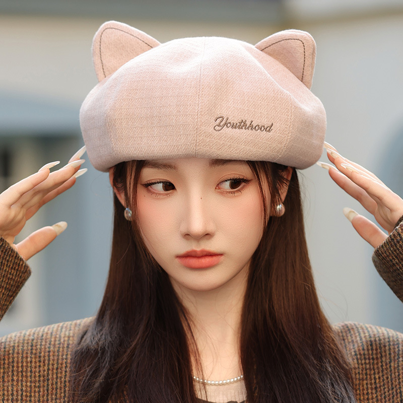 韩系复古可爱猫耳朵贝雷帽春秋新款休闲百搭画家帽防风保暖帽子女|undefined
