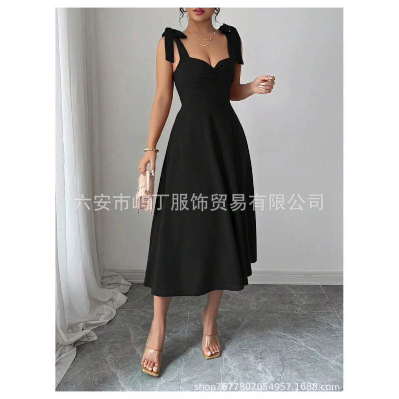 European and American Cross-Border Women's Elegant Slim-Fit Bow-Knot Mid-Length Dress Sleeveless Pleated Cocktail Party Evening Dress European and American Cross-Border Women's Elegant Slim-Fit Bow-Knot Mid-Length Dress Sleeveless Pleated Cocktail Party Evening Dress