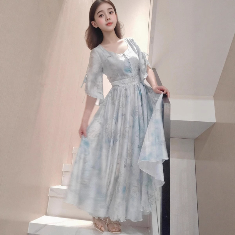 2025 春夏の新女性のカラフルなロングスカートプリントシフォンドレス超ロングスカート休暇ビーチスカート|undefined