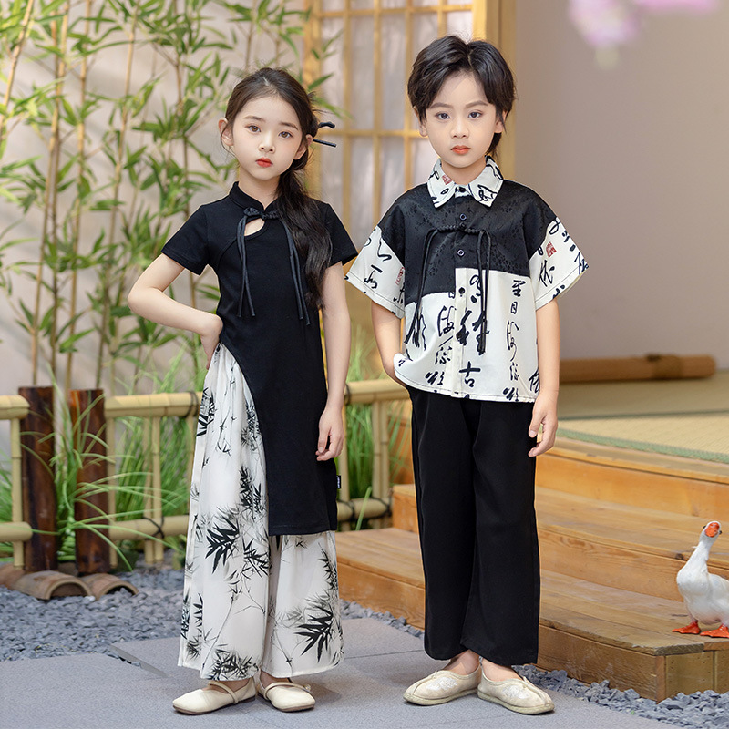 男女童唐裝漢服套裝兒童春夏新中式幼兒園六一古風千字文演出班服