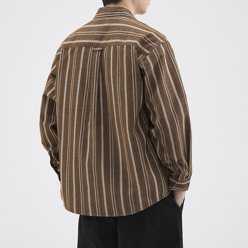 Japanese retro striped flannel long-sleeved shirt for men, long-sleeved shirt jacket, Instagram-inspired loose couple top, trendy