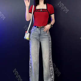 2023夏季酒红色方领正肩T恤上衣两件套女高腰印花阔腿裤套装
