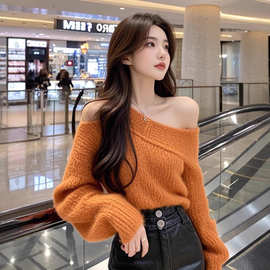 26-6001韩系御姐范斜领露肩长袖毛衣女气质辣妹宽松慵懒短款上衣