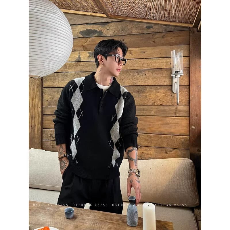 Old Money Style Contrasting Color Quilted Jacquard Polo Collar Knitwear Men's Autumn and Winter Lazy High-End Inner Knitwear Top Old Money Style Contrasting Color Quilted Jacquard Polo Collar Knitwear Men's Autumn and Winter Lazy High-End Inner Knitwear Top