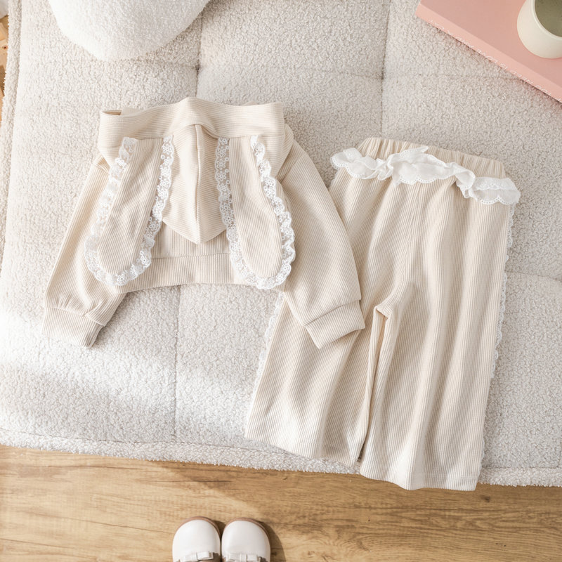 여자 세트 가을 새로운 인터넷 축하 어린 소녀 스포츠 바람 긴 귀 레이스 지퍼 코트 레이스 바지 세트