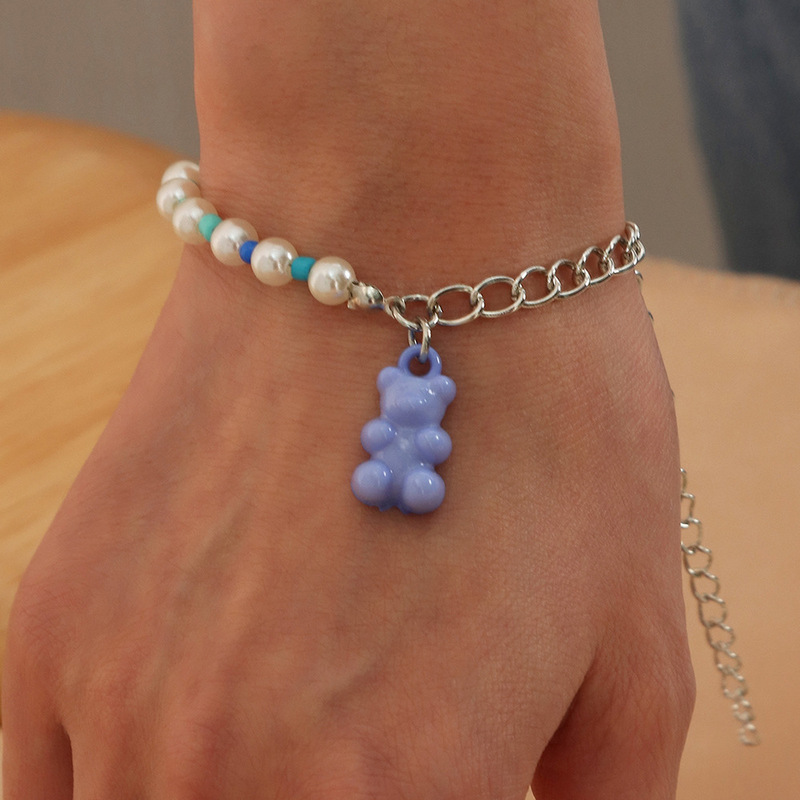INS European and American fashion cross-border color jelly bear bracelet hip hop pearl stitching chain bracelet wholesale