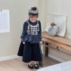 童套装2025秋冬新品女童韩系泡泡袖打底衫花边格子花苞吊带两件套