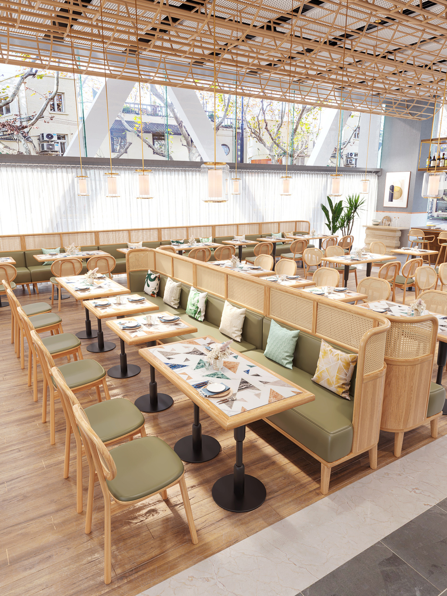 卡座定制 實木編藤東南亞風港式餐廳飯店餐桌椅組合對卡 靠牆卡座