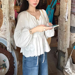 法式优雅白色刺绣花边棉质收腰小衫女秋慵懒松弛上衣秋气质灯笼袖