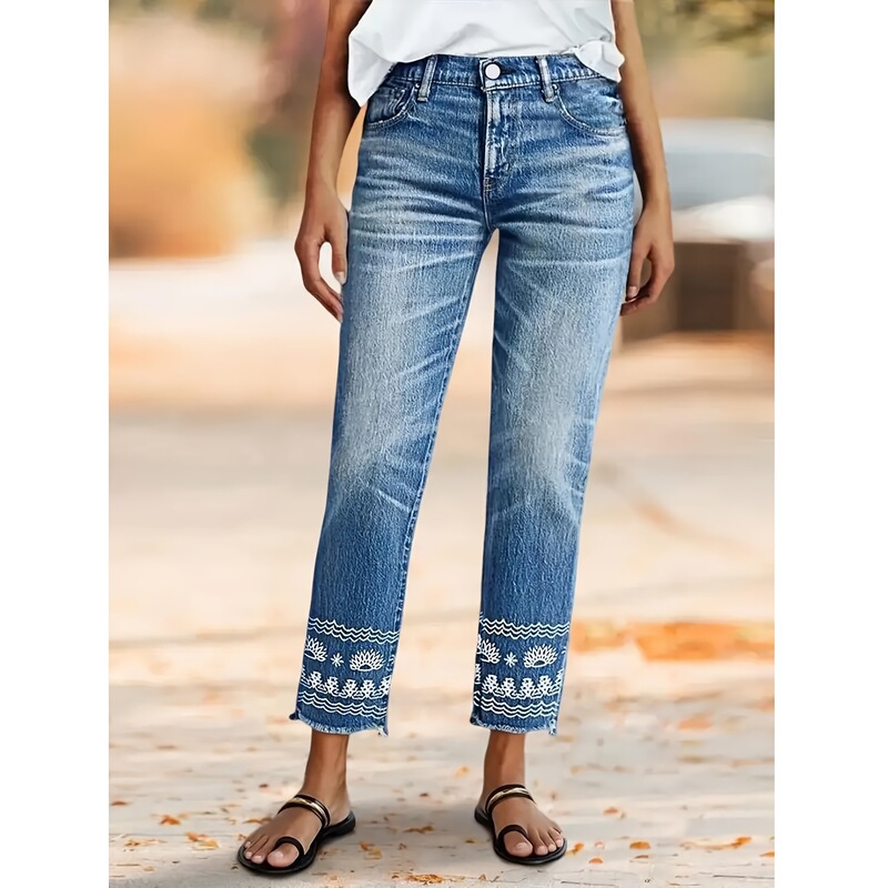 Embroidery, Straight-Leg Stretch Versatile Jeans, Washed Denim, Ethnic Style Embroidery Details, Casual