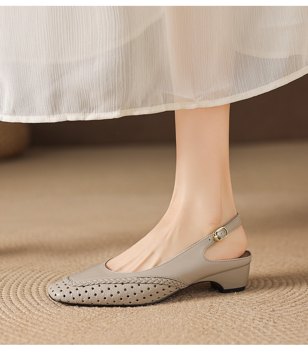 Sandal nữ gót thấp 3.5cm da cừu dệt mũi vuông kiểu Pháp quai một dây — đen chi tiết 8