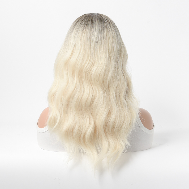 Kopfmodell-Perücke, modischer Kopf, gefärbtes langes lockiges Haar, goldene Kopfbedeckung aus Chemiefasern, Rosennetz, Ganzkopf-Perückenset_voghion.com