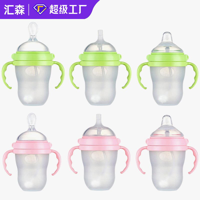 Manufacturer Wholesale Baby Anti-Drop Feeding Bottle Baby Straw Spout Bottle Children's Large Diameter Silicone Bottle with Handle