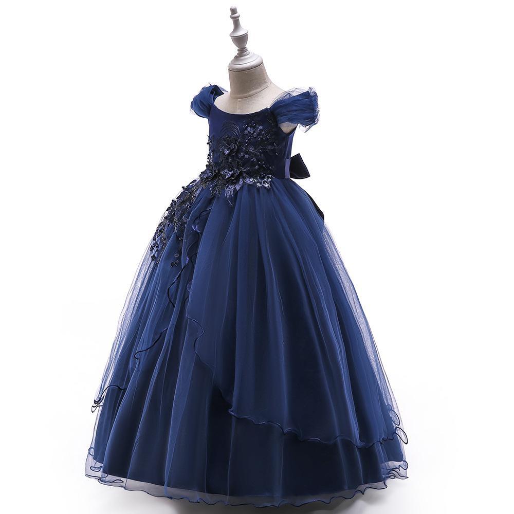 Nueva ropa infantil: vestido largo de princesa con un solo hombro, vestido largo de flores de hadas, vestido esponjoso para espectáculos.