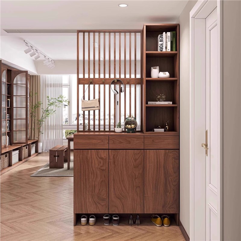 Song-Style Aesthetics North American Black Walnut Shoe Cabinet with Solid Wood Screen and Integrated Clothes Rack, Partitioned Entryway Cabinet