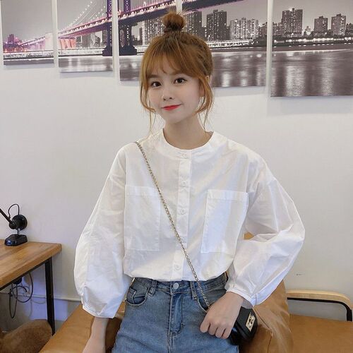 Spring Fresh Lantern Sleeve Loose Youthful Round Neck White Outer Long Sleeve Blouse Top Women's