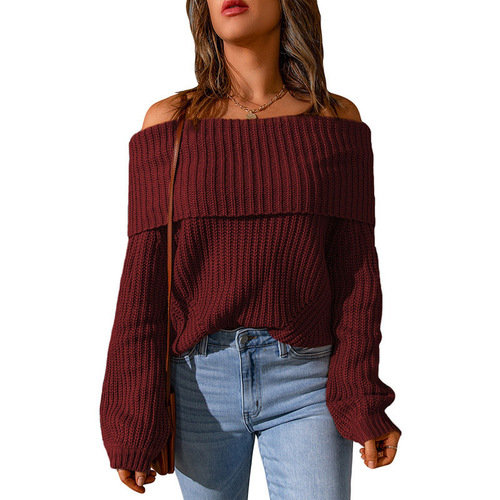 Amazon 2024 Women's Winter Sweater New One-Shoulder Off-the-Shoulder Solid Color Loose Women's Sweater