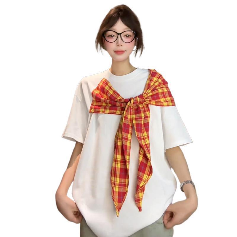 美式复古格纹蝴蝶结短袖T恤女夏季设计感小众宽松慵懒风半袖上衣|undefined