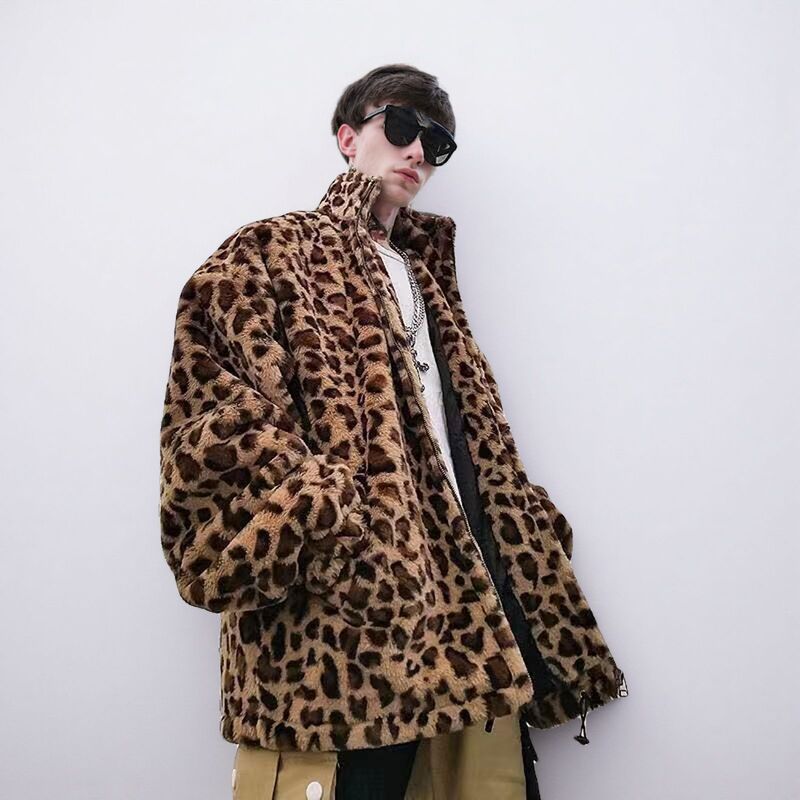 Leopard Print Fur Outwear for Men and Women, Couple Style Winter Outwear, Loose Jacket, Imitation Rabbit Fur Plush Cotton Outwear, Thickeneded Large Size