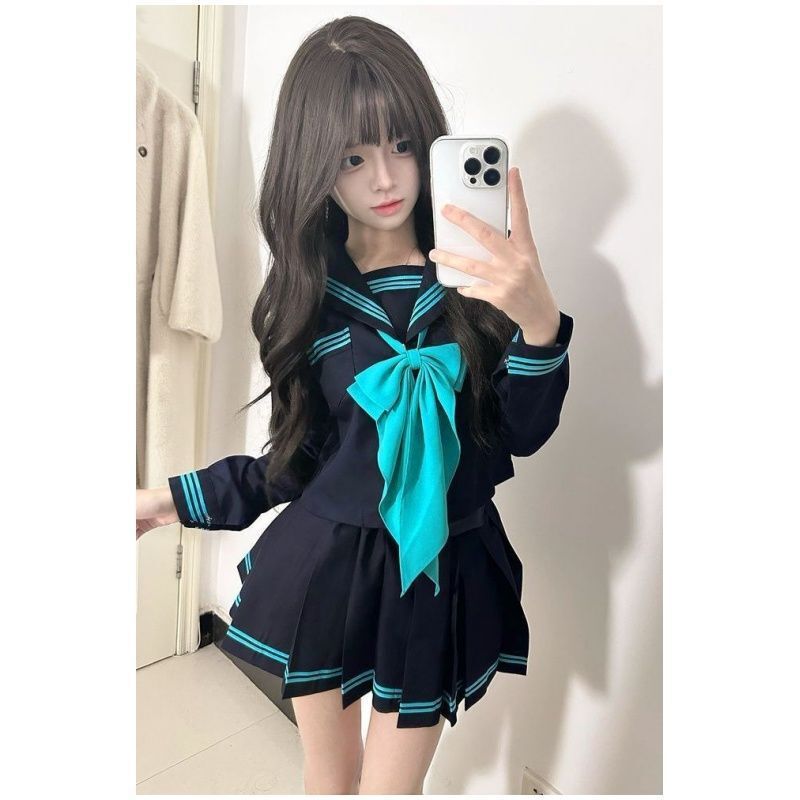 Original Sailor Suit New Green Three-Piece Suit School Supply Short-Sleeved Long-Sleeved Shirt College Style Middle Suit Basic Style