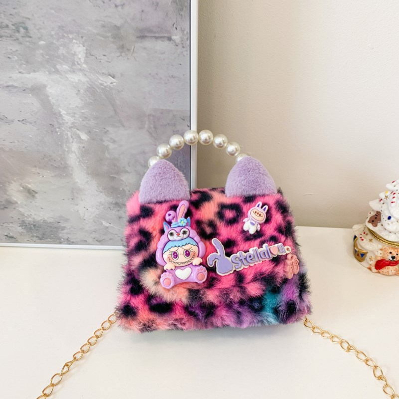 Nuevo leopardo arco bolso infantil peluche princesa de dibujos animados chica bolso de perlas bolso de hombro monedero