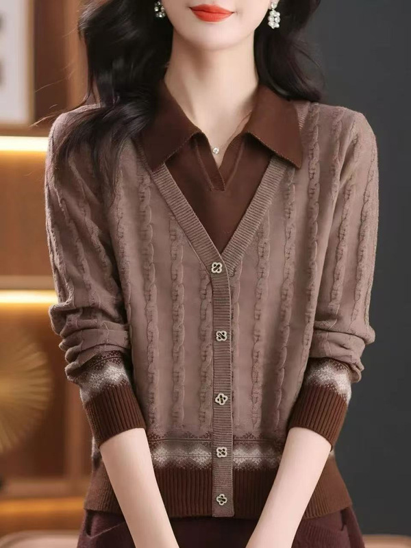 假两件毛衣女2025新款春秋洋气宽松外穿百搭打底衫翻领上衣针织衫|undefined
