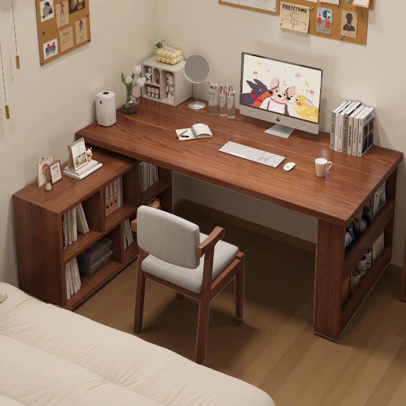 Solid Wood Corner Desk Bookshelf Integrated Computer Desk Bedroom Dressing Table for Girls L-shaped Corner Learning Office Desk