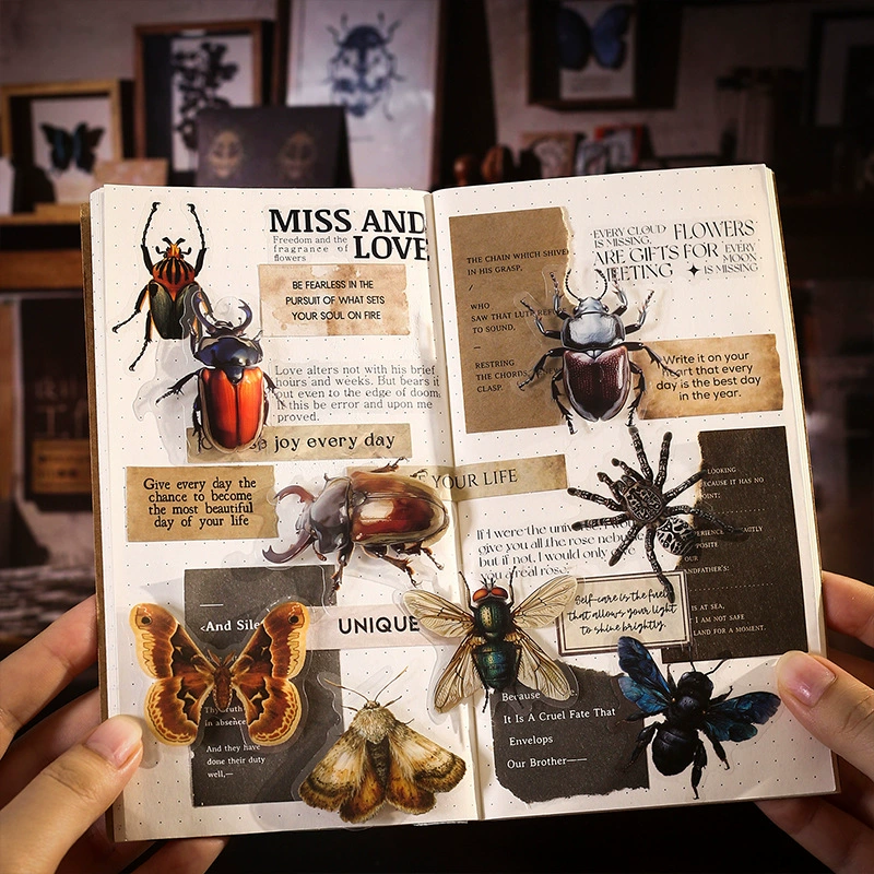 Good day Insect specimen illustration series, insect theme scene collage material, 4 types of PET stickers