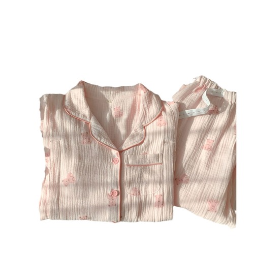 Spring and summer lightweight 100% cotton gauze penguin-themed postpartum clothing, crepe fabric maternity pajamas with large-size, sweat-absorbent design for breastfeeding after childbirth