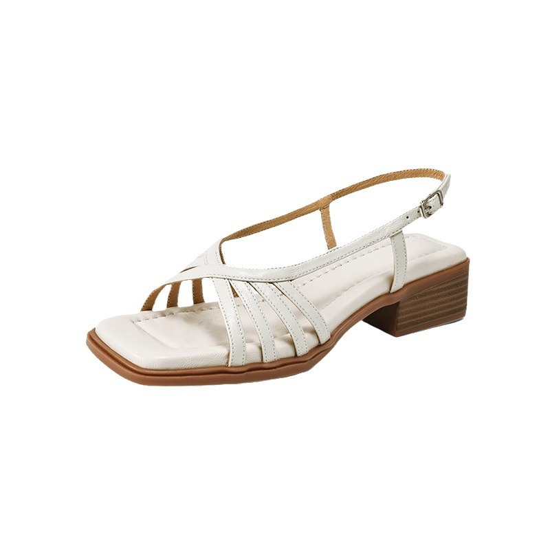 Sandal nữ mũi vuông gót vuông da cừu phong cách La Mã quai mảnh hở ngón — Màu trắng be