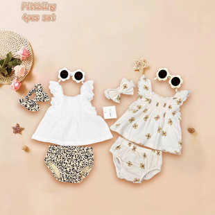 Foreign Trade Baby Girl Lace Flying Sleeves Skirt Gauze Glasses Bud Pants Four-Piece Set 4Pcs