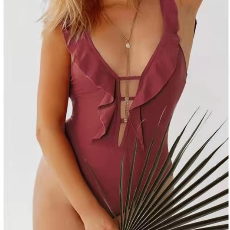 2022 New Bikini Ruffled One-piece European And American Sexy Swimsuit Amazon Spot Solid Color Swimsuit Ladies