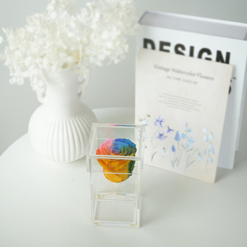 Amazon suministro de comercio exterior flor eterna acrílico 1 Agujero con cajón caja de almacenamiento Rosa caja de flores caja de regalo al por mayor