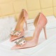 1363-K78 High Heels Slim Heel Shallow Notched Pointed Side Hollow Thickened Suede Rhinestone Button Bow Tie Single Shoe