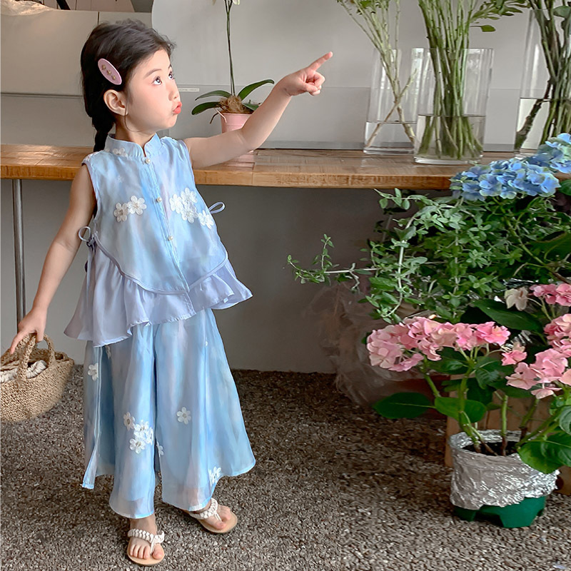 Girls' Outfit 2025 New Stylish Baby Girl Summer Chinese-Style Wide-Leg Pants Two-Piece Set Children's New Chinese Hanfu