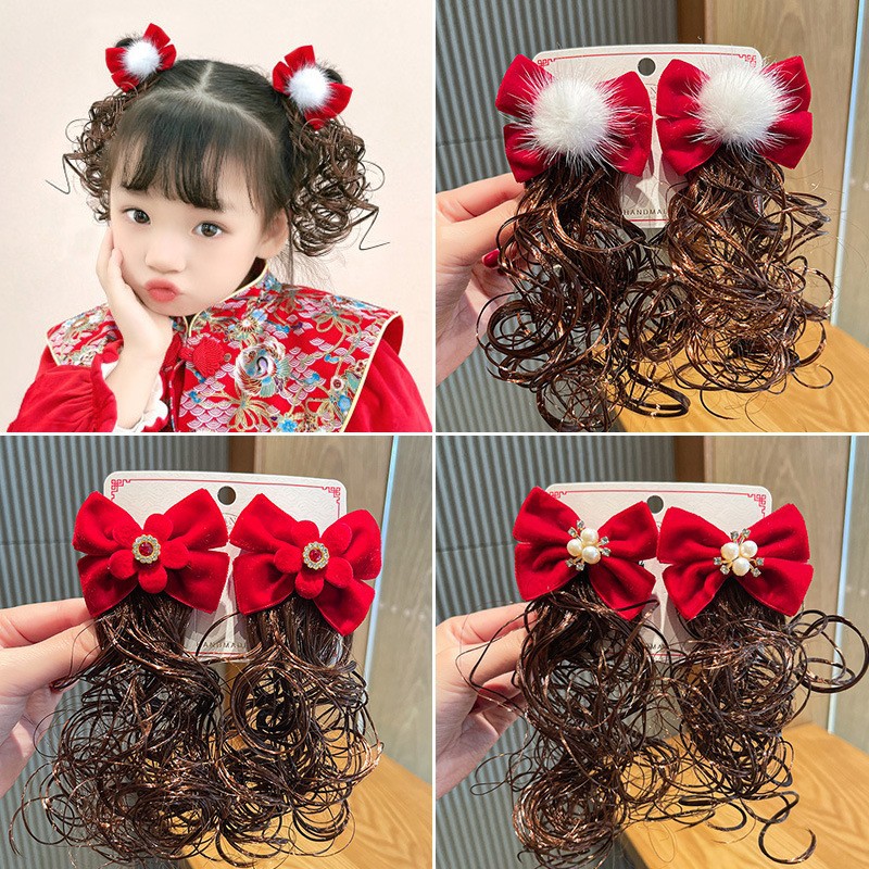 Girls wig children's hair clip plush bow...