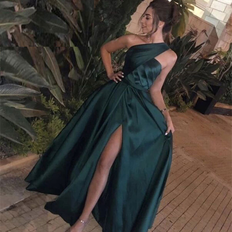 Comercio exterior de Europa y América Amazon AliExpress deseo nuevo vestido noche sexy un hombro elegante simple satén Split