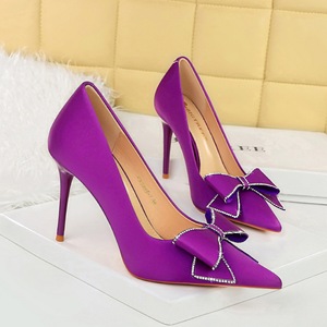 3265-H37 Banquet Fashion Korean Edition High Heels Slim Heels Women's Shoes Shallow Mouth Pointed Water Diamond Bow