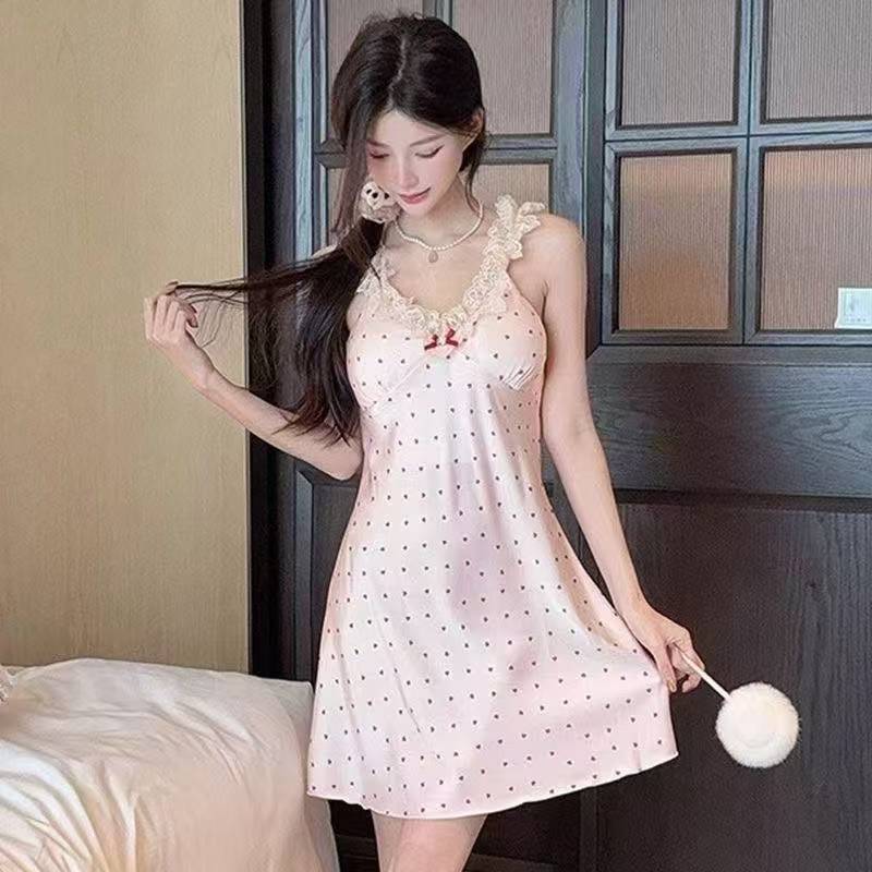 French-Style Lace Polka Dot Nightgown with Breast Pads, Sweet Pink Sleepwear — detail image 2