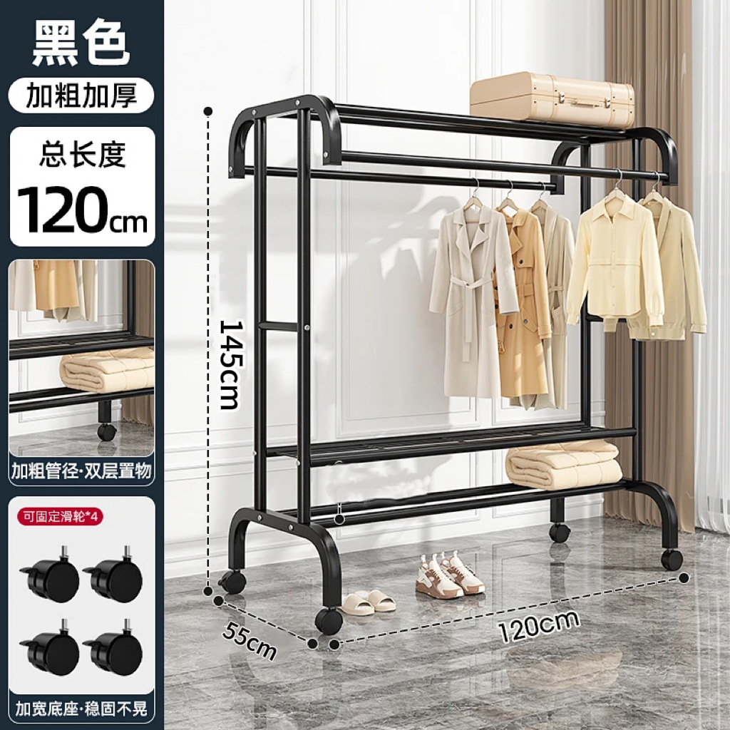**【강력 보강 - 블랙 120cm】 3단 선반 (회전 바퀴 포함)**