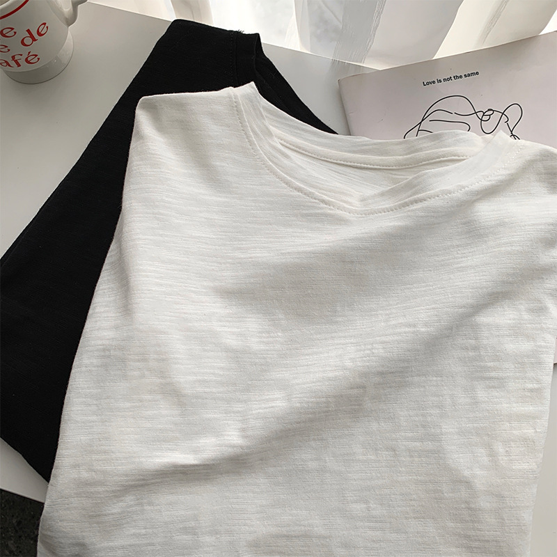 2024 Bamboo Cotton White Long-Sleeve T-Shirt for Women, Spring Simple Black Versatile Round Neck Loose Mid-Length Base Shirt
