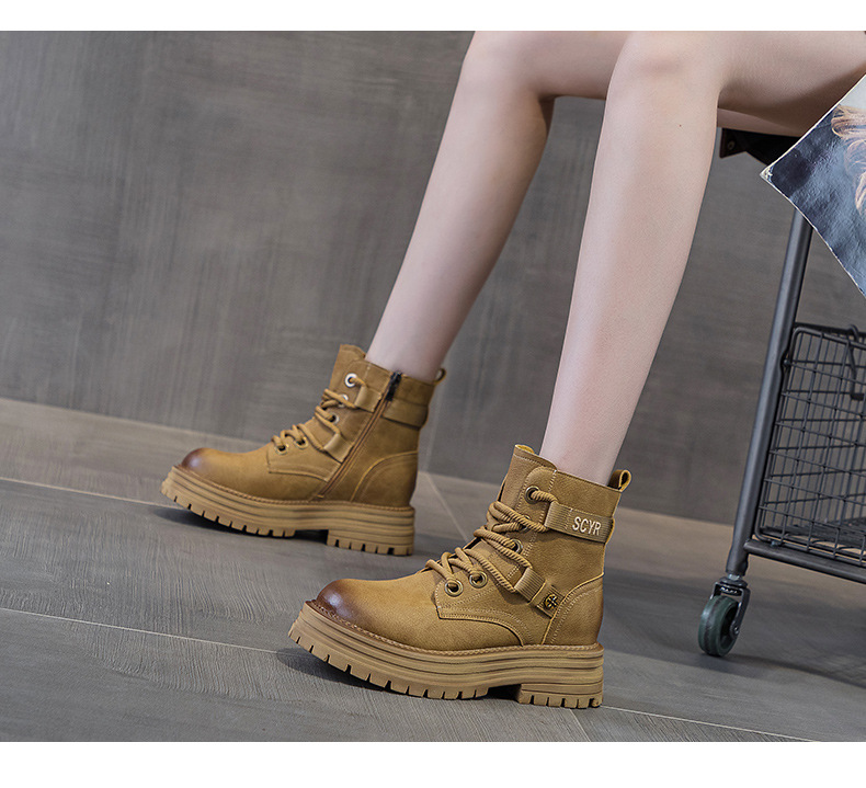 Giày boot nữ cổ ngắn đế dày phong cách Martin, lót lông ấm mùa đông — M2626-1 vàng lót nhung, M2626 màu vàng một lớp lót trong, M2626-1 kaki lót nhung, M2626 một lớp màu đen chi tiết 11