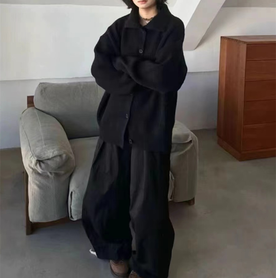 Übergroßer Strickcardigan – Pullover mit Button-Down-Kragen und offener Vorderseite (Schwarz/Grau/Beige, Einheitsgröße)_voghion.com