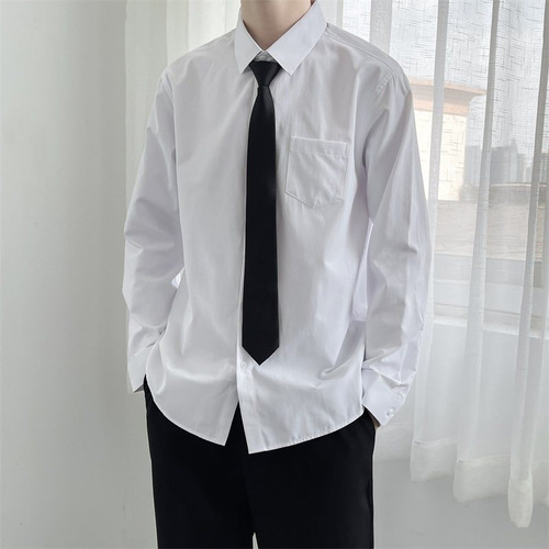 Spring and Autumn White Men's Loose Trendy Hong Kong Style Long-Sleeve Plain Color Shirt for Students Casual Slouchy Hoodlum Top