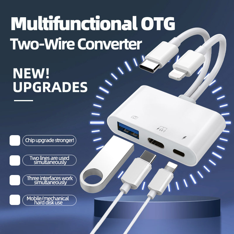 Lector de tarjetas universal de tres hilos para teléfonos móviles y computadoras, lector de tarjetas externo OTG multifuncional 8 en 1 para tarjetas TF, SD y cámara.