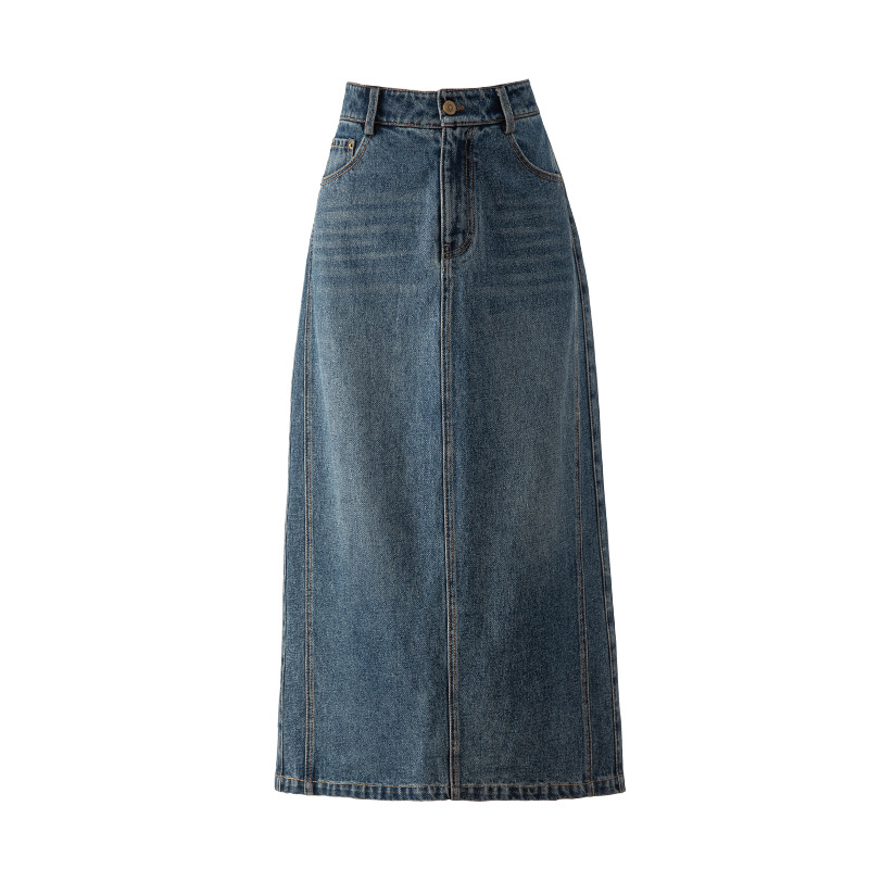 Chân váy denim Lyocell nữ cạp cao dáng A xẻ tà dài trung bình — màu xanh