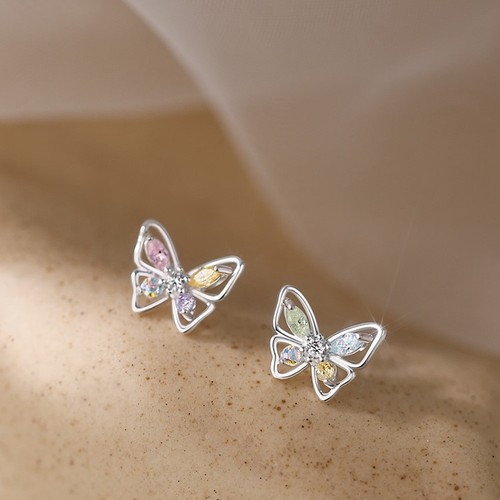 Summer new atmosphere bright butterfly earrings ear studs sweet pink and blue small butterfly phantom style niche temperament