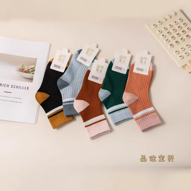 品位宝贝仿双针儿童袜秋冬中筒现货批发条纹彩色小孩棉袜跑量款|undefined