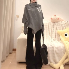 Peasluna韩系花朵不规则斗篷高领毛衣小众高级感针织衫秋冬上衣女