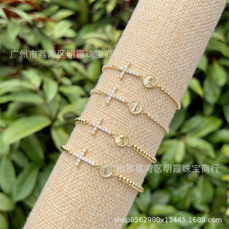 18K Gold-Plated Copper Cross with Zircon Diamonds and Round Virgin Mary Saint Jude Large Head Full-Body Bracelet Cross-Border